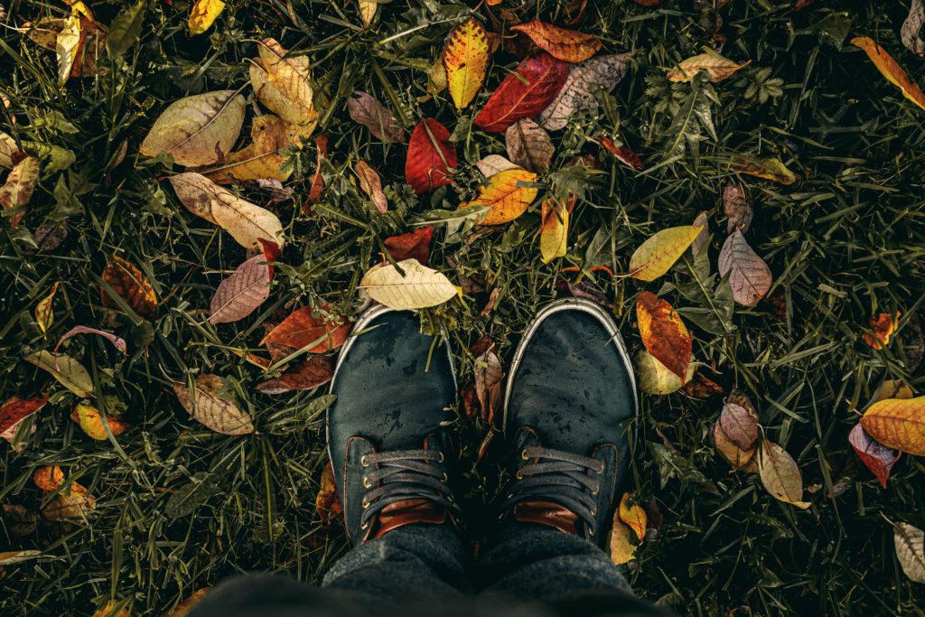 feet wearing black lace-up shoes stand on grass strewn with fall leaves