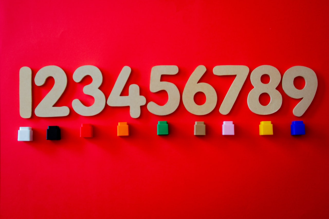 1 through 9 with a small colored cube under each number on a red background