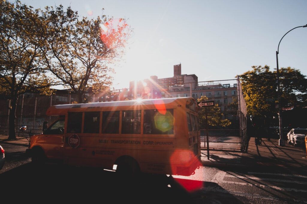 Light shining on a school bus 