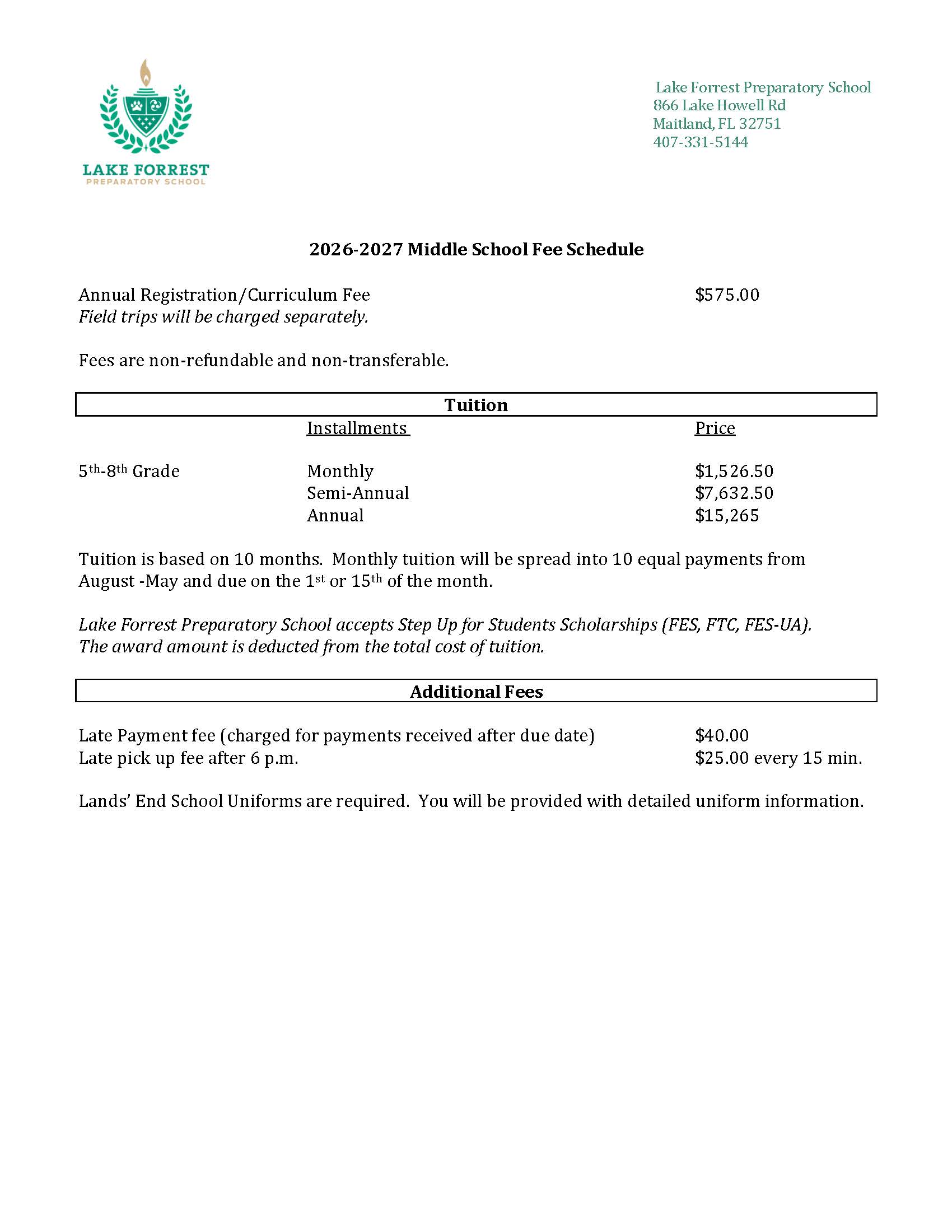 2026-2027 Middle School Fee Schedule 26-27 Middle School Fee Schedule. Click to view PDF.